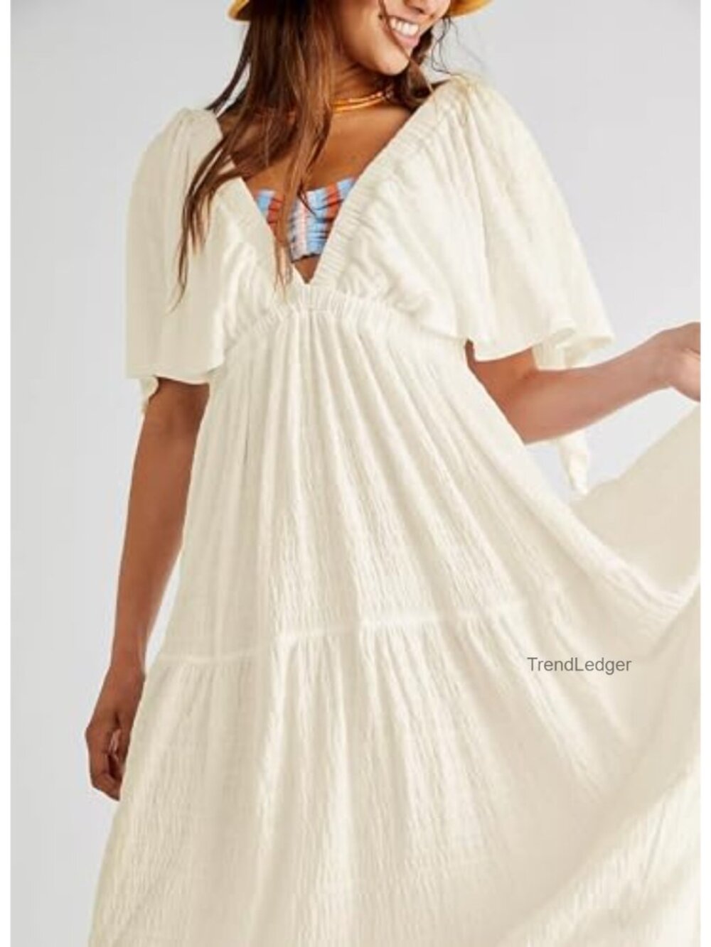 V-Neck Maxi Dress Tiered Ruffle Flutter Sleeve Backless Elastic Waist Flowy - Picture 3 of 5